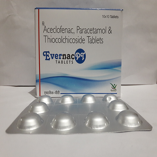 Product Name: Evernac PT, Compositions of Evernac PT are Aceclofenac, Paracetamol & Thiocolchicoside Tablets  - Everwell Pharma Private Limited