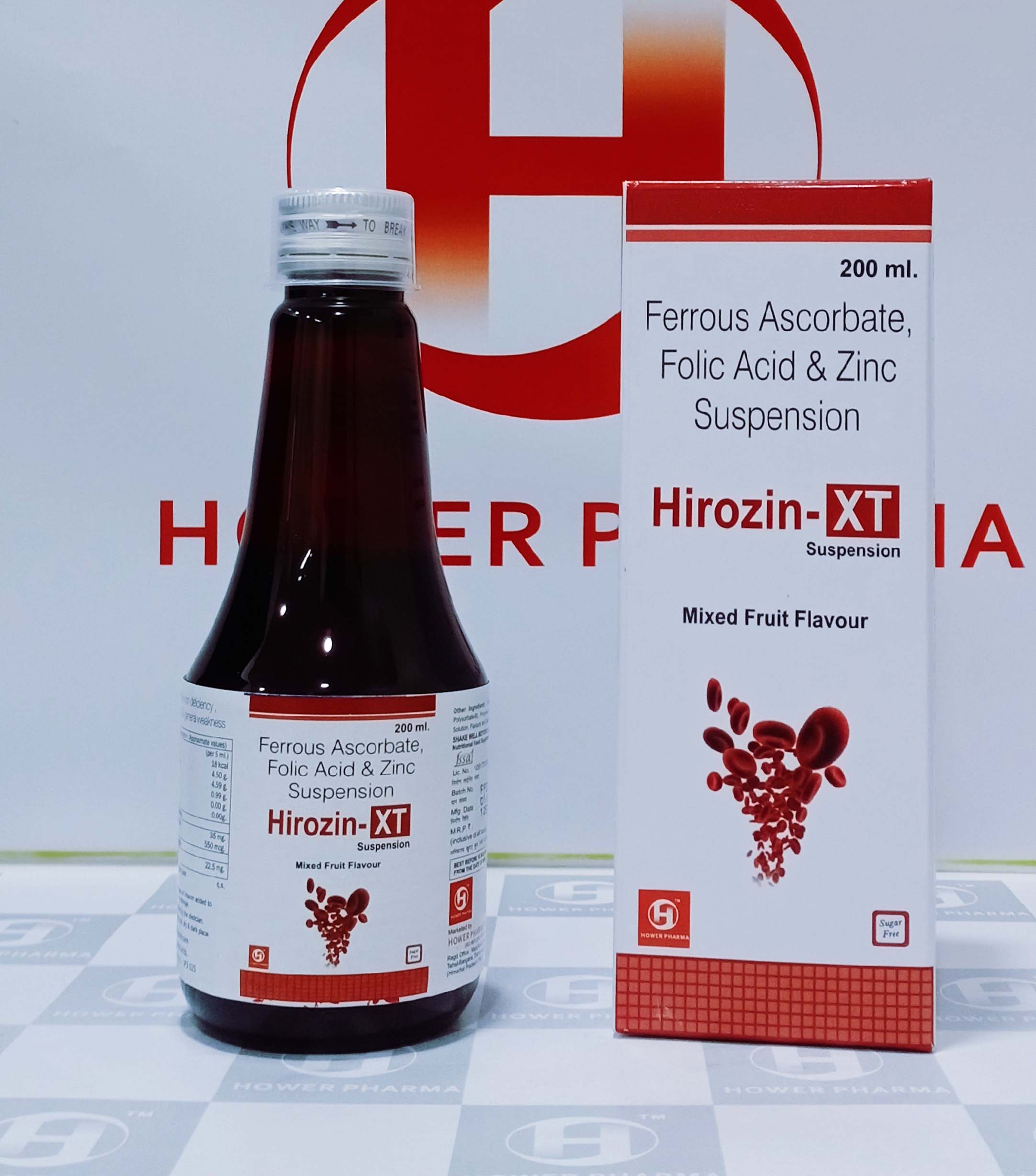 Product Name: Hirozin Xt, Compositions of Hirozin Xt are Ferrous Ascorbate,Folic Acid & Zinc Suspension - Hower Pharma Private Limited