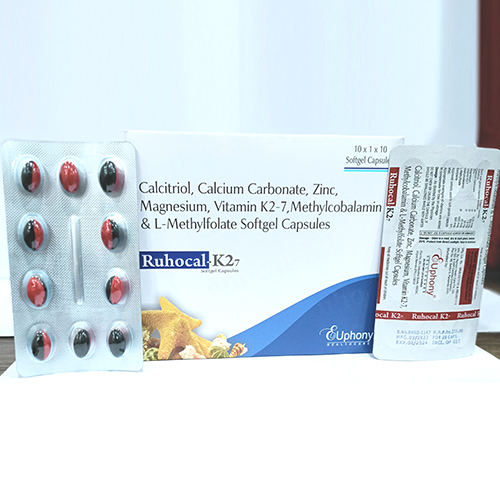 Product Name: Ruhocal K27, Compositions of Ruhocal K27 are Calcitriol, Calcium Carbonate, Zinc, Magnesium, Vitamin K2-7, Methylcobalamin & L-Methylfolate Softgel Capsules - Euphony Healthcare