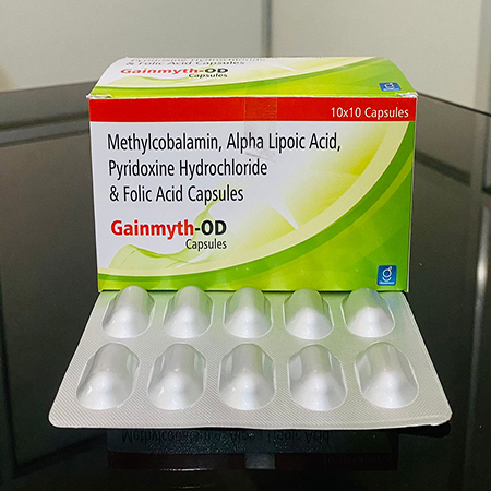 Product Name: Gainmyth OD, Compositions of Gainmyth OD are Methylcobalamin, Alpha Lipoic Acid Pyridoxine Hydrochloride & Folic Acid Capsules - Gainmed Biotech Private Limited