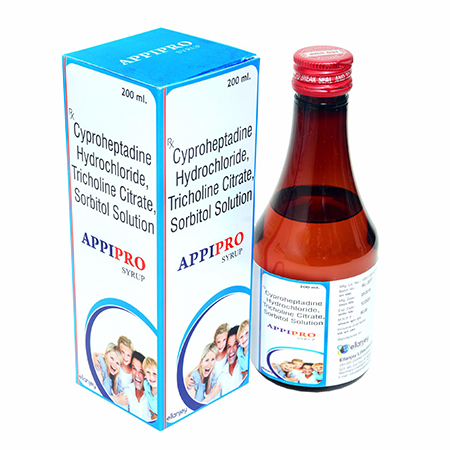 Product Name: Appipro, Compositions of Appipro are Cyproheptadine Hydrochloride & Tricholine Citrate Sorbitol Syrup - Ellanjey Lifesciences