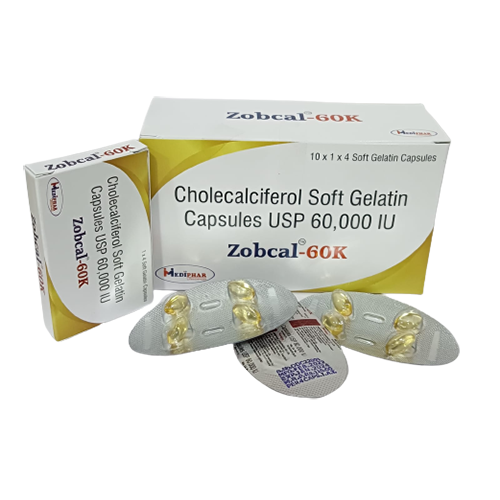 Product Name: Zobcal 60 k, Compositions of Zobcal 60 k are Cholecalciferol Softgel Capsules USP 60000 IU - Mediphar Lifesciences Private Limited