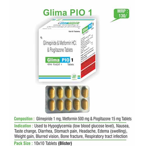 Product Name: Glima PIO 1, Compositions of Glima PIO 1 are Glimepride & Metformin HCL & Pioglitazone Tablets - Euphoria India Pharmaceuticals