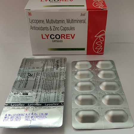 Product Name: Lycorev, Compositions of are Lycopene, Multivitamin, Multimineral, Antioxidants & Zinc Capsules - Aarvi Drugs