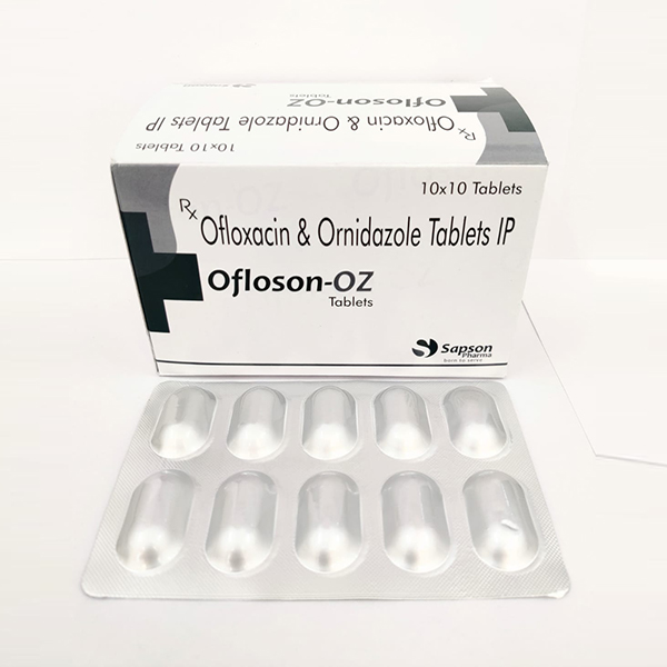 Product Name: Ofloson OZ, Compositions of Ofloson OZ are ofloxacin & Ornidazole Tablets IP  - Sapson Pharma