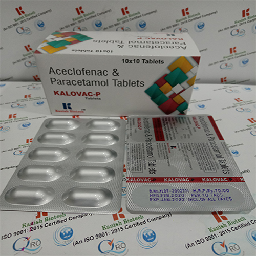 Product Name: Kalovac P, Compositions of Kalovac P are Aceclofenac & Paracetamol Tablets - Kanish Biotech