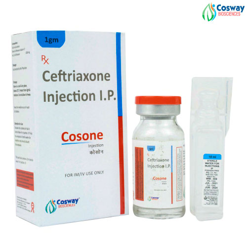 Product Name: COSONE, Compositions of COSONE are CEFTRIAXONE SODIUM I.P. 1000 MG - Cosway Biosciences