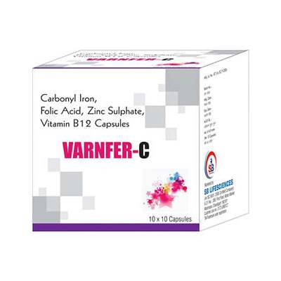 Product Name: Varnfer C, Compositions of Varnfer C are Carbonyl Iron, Folic Acid, Zinc Sulphate, Vitamin B12 capsules - SB LIFESCIENCES