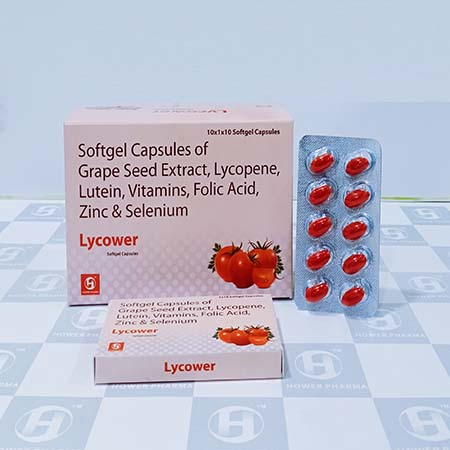 Product Name: Lycower, Compositions of Softgel Capsules of Grape Seed Extract,Lycopene,Lutien,Folic Acid,Zinc & Selenium  are Softgel Capsules of Grape Seed Extract,Lycopene,Lutien,Folic Acid,Zinc & Selenium  - Hower Pharma Private Limited